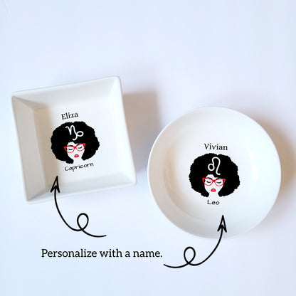 Personalized Afro Head Girl Zodiac Ceramic Jewelry Dish - Custom Zodiac Lover Gift