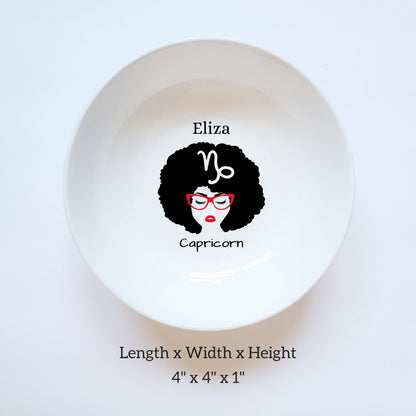 Personalized Afro Head Girl Zodiac Ceramic Jewelry Dish - Custom Zodiac Lover Gift