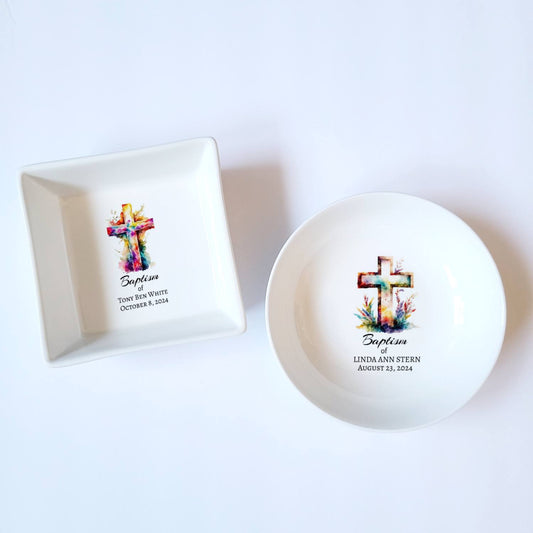 Personalized Colorful Cross Baptism Jewelry Dish