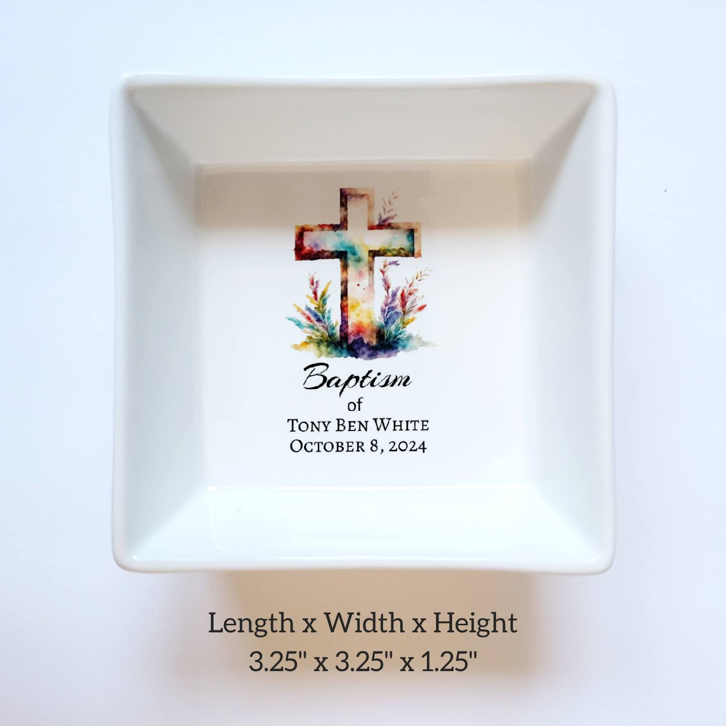 Personalized Colorful Cross Baptism Jewelry Dish