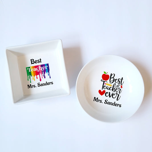 Personalized Best Teacher Ever Ceramic Jewelry Dish - Paper Clips Push Pins Holder - 6 Designs Available