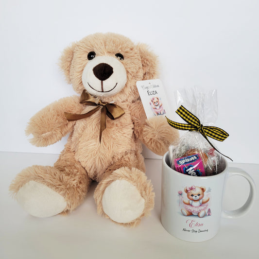 Personalized Ballerina Bear Plush Toy and Mug Gift Basket - Custom Dance Showcase & Competition Gift