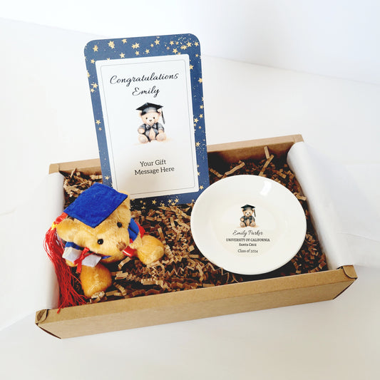 Personalized Graduation Bear Gift Box - Custom Jewelry Dish & Bear Keychain