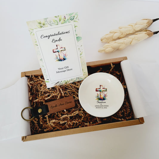 Personalized Baptism Gift Box - Custom Jewelry Ring Dish & Laser Engraved Keychain