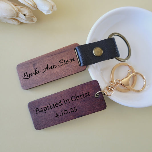 Personalized Baptized in Christ Wooden Keychain - Laser Engraved - Custom Baptism Gift