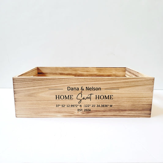 Home Sweet Home w/ Coordinates - Personalized Laser Engraved Wood Crate