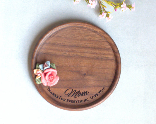 Personalized Mother's Day Laser Engraved Clay Flower Jewelry Holder - Custom Mother's Day Gift - Elegant & Simple Wooden Ring Dish