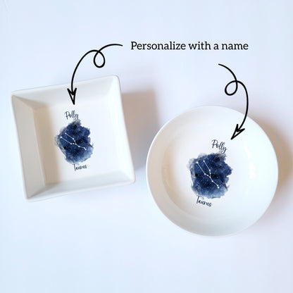 Personalized Watercolor Zodiac Constellation Ceramic Jewelry Dish - Custom Ring Holder