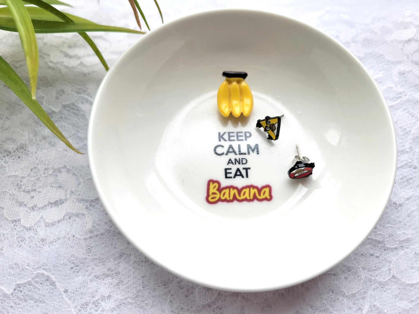 Keep Calm and Eat Banana Ceramic Jewelry Dish - Banana Miniature Ring Holder - Funny Gift