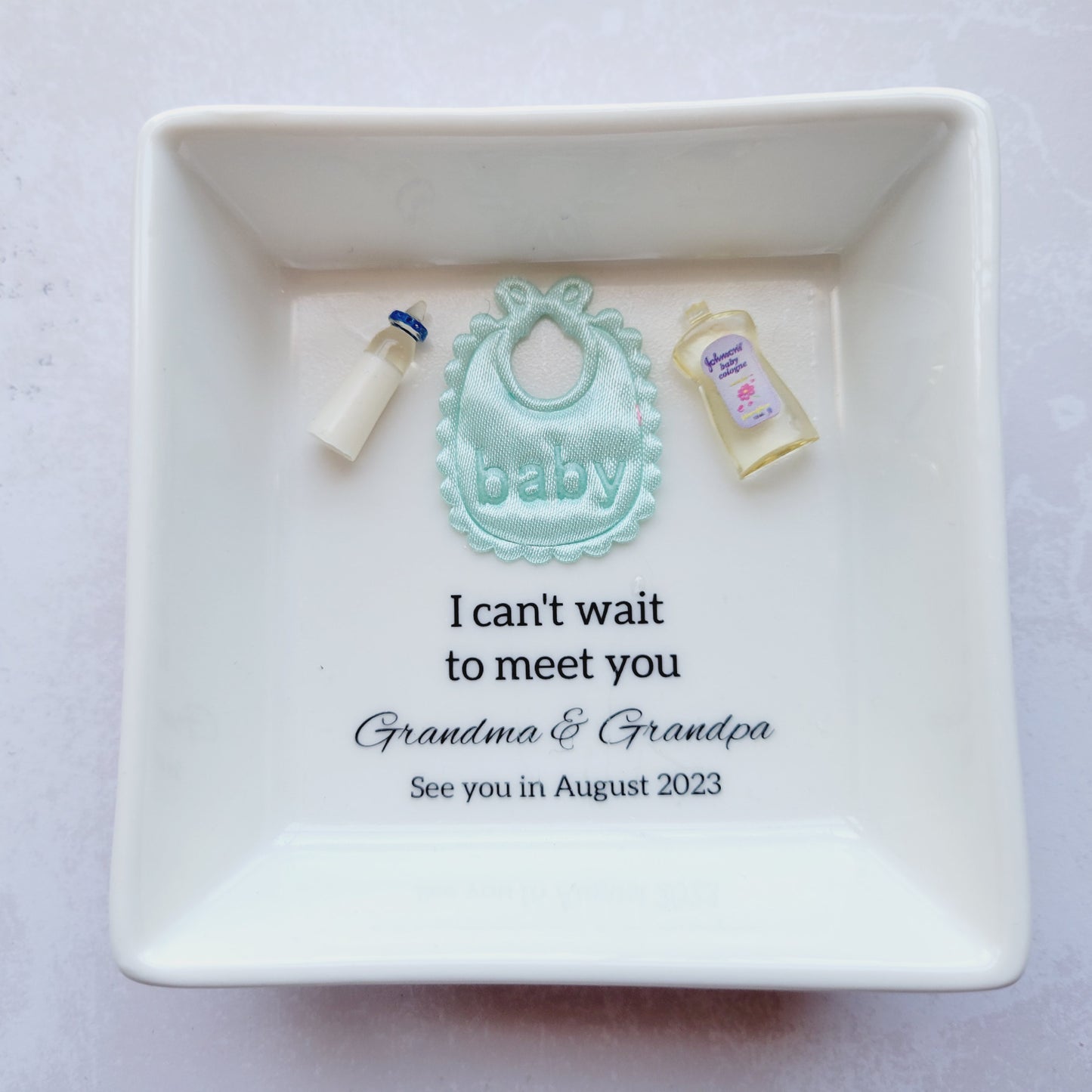 Personalized Baby Reveal for Grandparents Jewelry Holder w/ Miniatures- Custom Birth Reveal Announcement