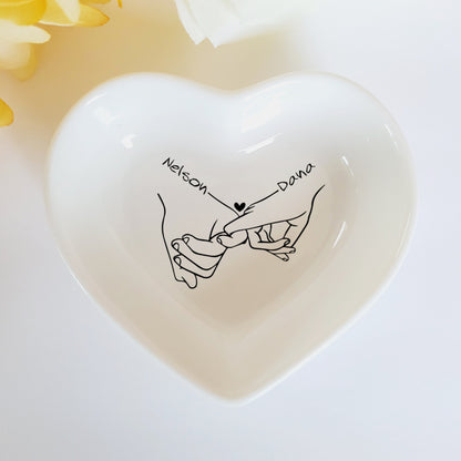 Personalized Loving Couple Holding Hands Ceramic Jewelry Holder - Custom Heart Shape Ring Dish - Valentine's Day His and Her Names Gift