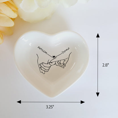 Personalized Loving Couple Holding Hands Ceramic Jewelry Holder - Custom Heart Shape Ring Dish - Valentine's Day His and Her Names Gift