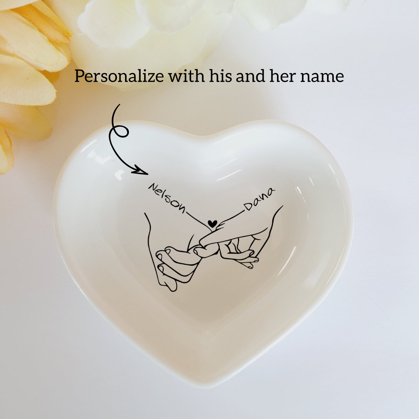 Personalized Loving Couple Holding Hands Ceramic Jewelry Holder - Custom Heart Shape Ring Dish - Valentine's Day His and Her Names Gift