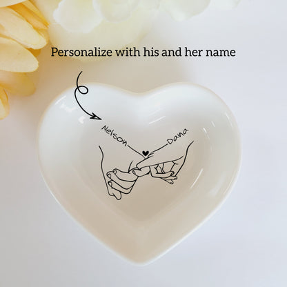 Personalized Loving Couple Holding Hands Ceramic Jewelry Holder - Custom Heart Shape Ring Dish - Valentine's Day His and Her Names Gift