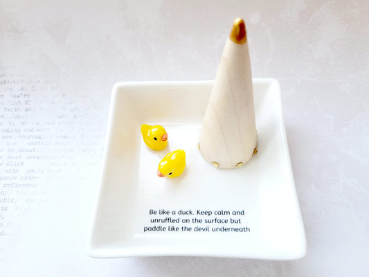 Keep Calm and Chill the Duck Out Square Ceramic Jewelry Holder - Wooden Ring Cone - Just for Fun Gift