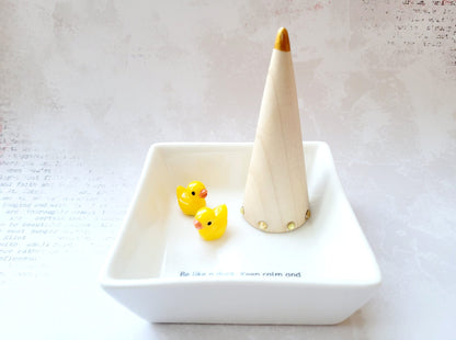 Keep Calm and Chill the Duck Out Square Ceramic Jewelry Holder - Wooden Ring Cone - Just for Fun Gift