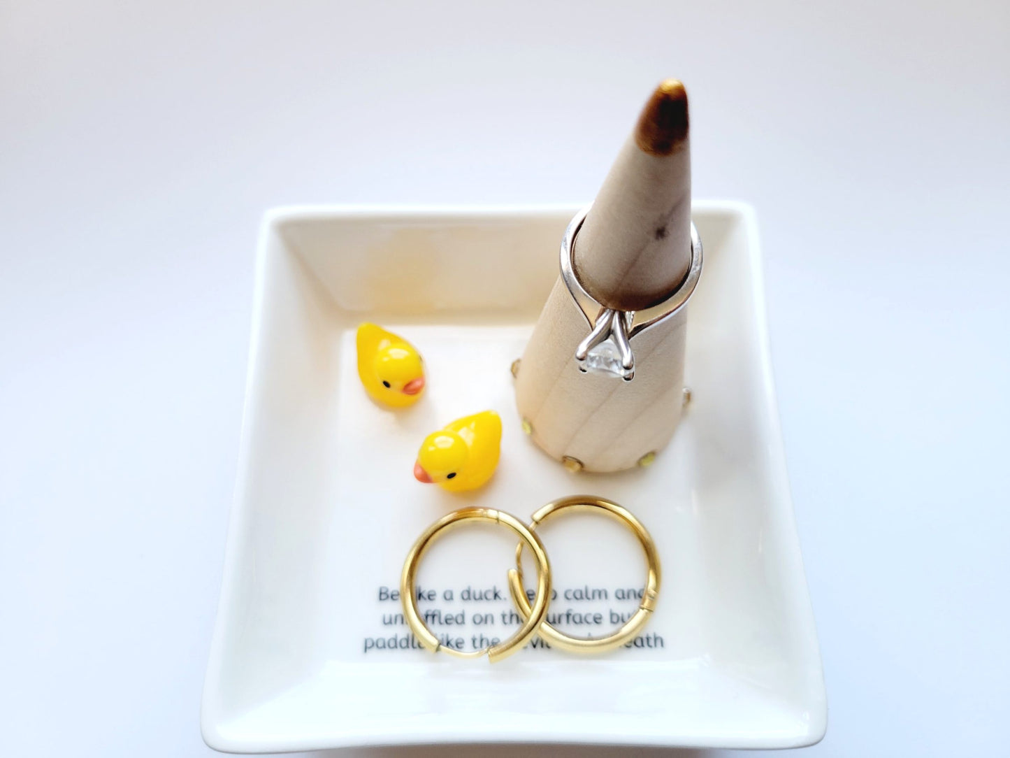 Keep Calm and Chill the Duck Out Square Ceramic Jewelry Holder - Wooden Ring Cone - Just for Fun Gift