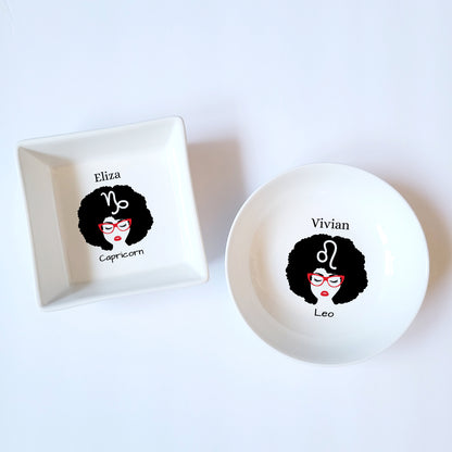 Personalized Afro Head Girl Zodiac Ceramic Jewelry Dish - Custom Zodiac Lover Gift