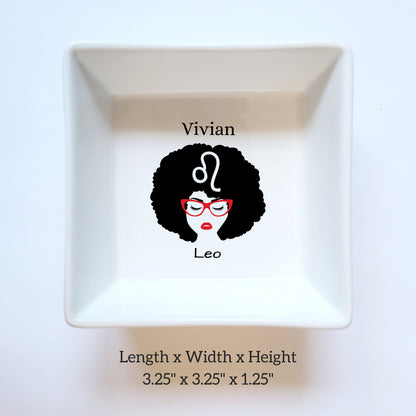 Personalized Afro Head Girl Zodiac Ceramic Jewelry Dish - Custom Zodiac Lover Gift