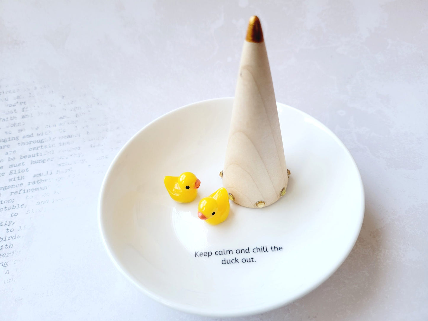 Keep Calm and Chill the Duck Out Round Ceramic Jewelry Holder - Wooden Ring Cone - Just for Fun Gift