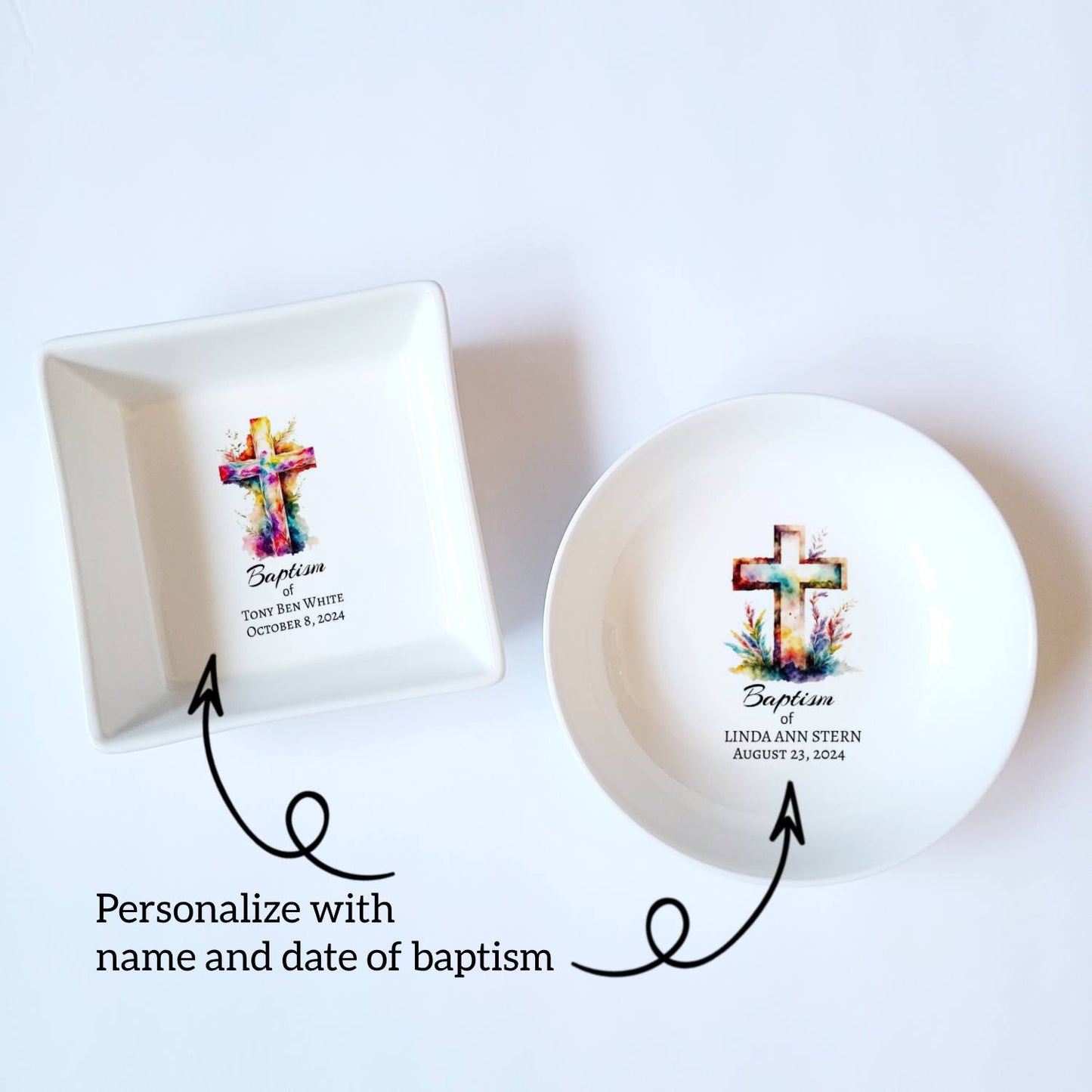 Personalized Colorful Cross Baptism Jewelry Dish