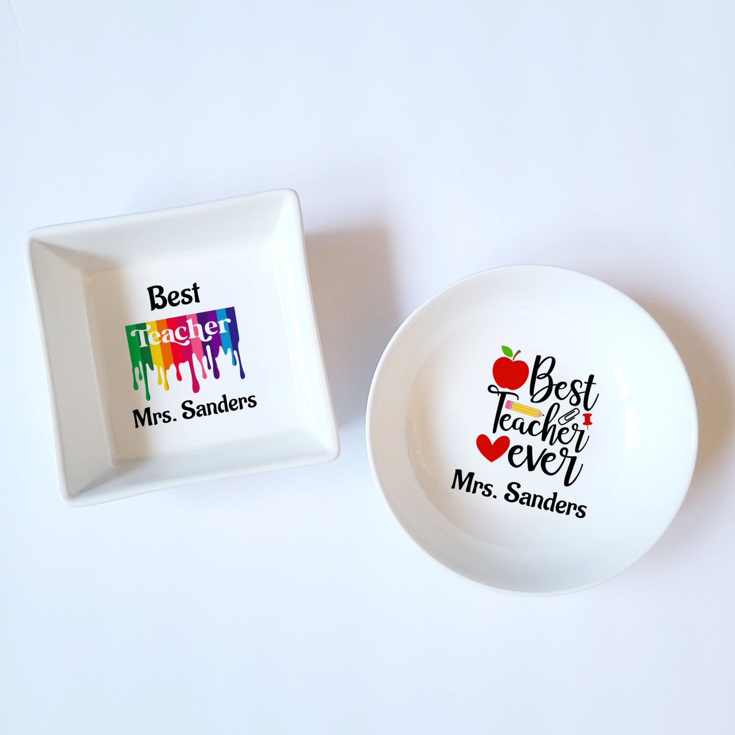 Personalized Best Teacher Ever Ceramic Jewelry Dish - Paper Clips Push Pins Holder - 6 Designs Available