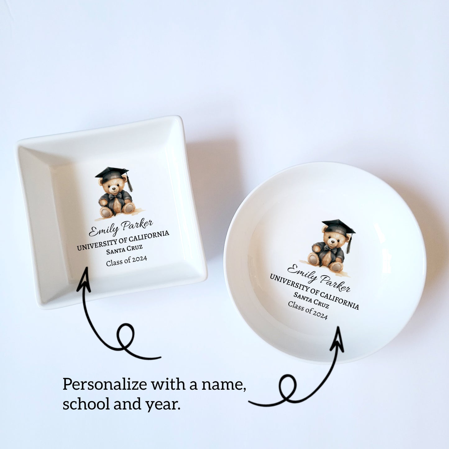 Personalized Graduation Bear Gift Box - Custom Jewelry Dish & Bear Keychain