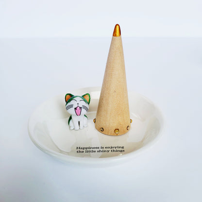 Personalized Cat Lover Ceramic Jewelry Dish with Wooden Ring Cone - Custom Kitten Ring Holder - Motivational and Funny Gift