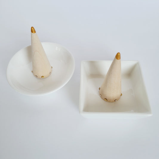 Ceramic Jewelry Holder with Decorated Wooden Ring Cone - Simple Ring Dish