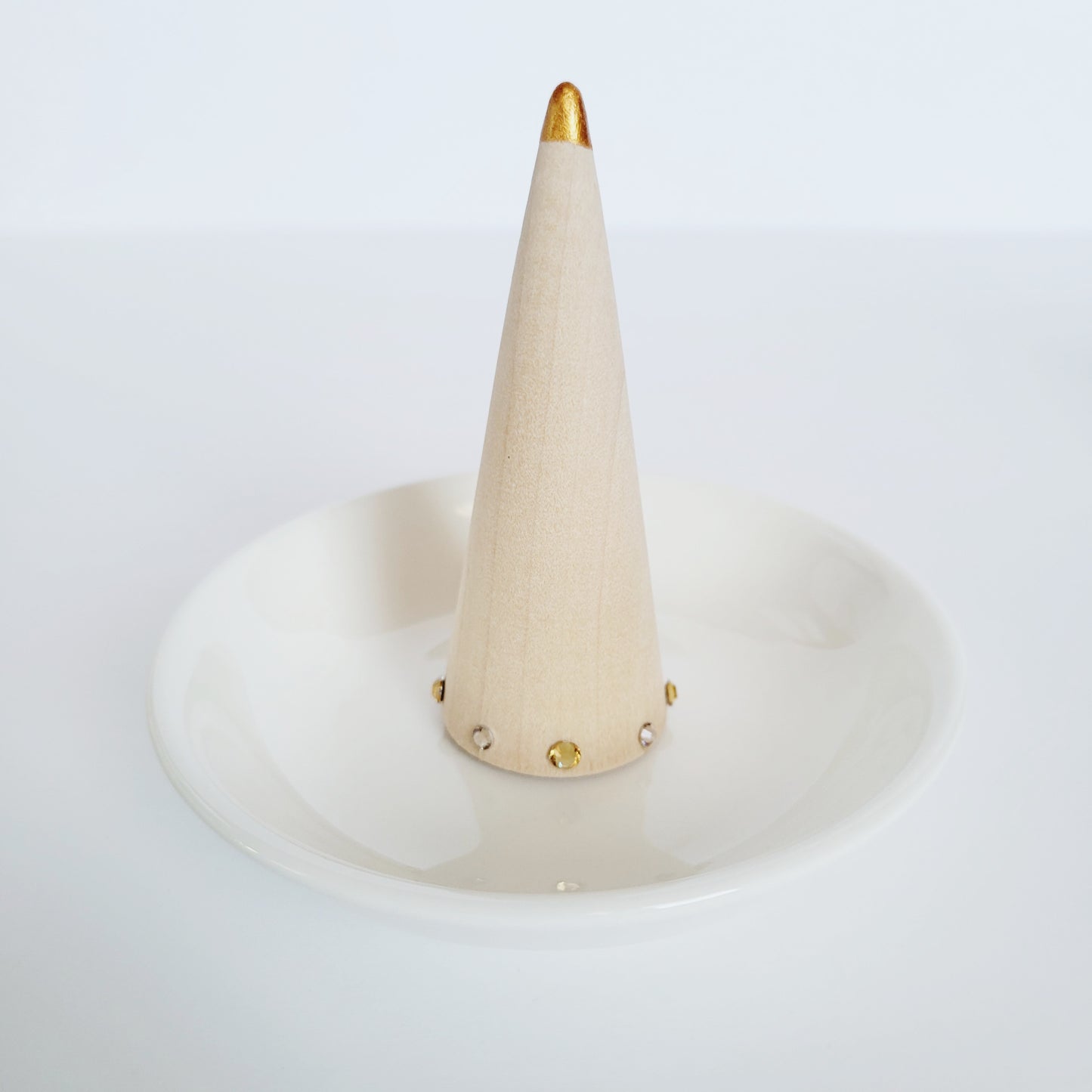 Ceramic Jewelry Holder with Decorated Wooden Ring Cone - Simple Ring Dish