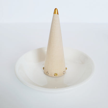 Ceramic Jewelry Holder with Decorated Wooden Ring Cone - Simple Ring Dish