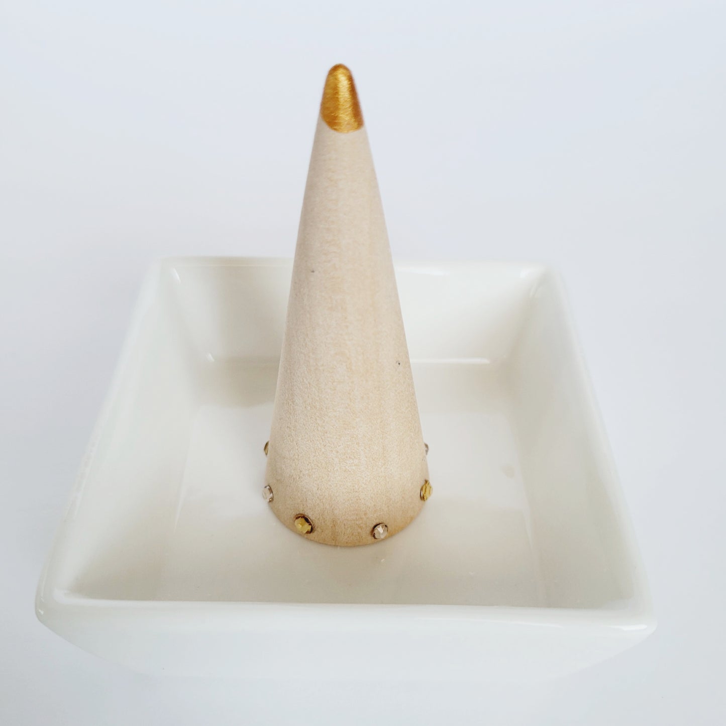 Ceramic Jewelry Holder with Decorated Wooden Ring Cone - Simple Ring Dish