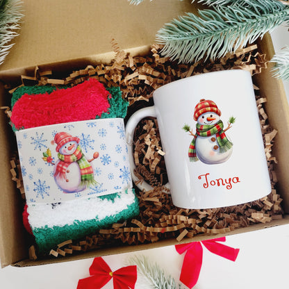 Personalized Snowman Ceramic Mug and Cozy Socks Gift Set - Custom Coffee Mug and Fuzzy Socks - Christmas Gift Set