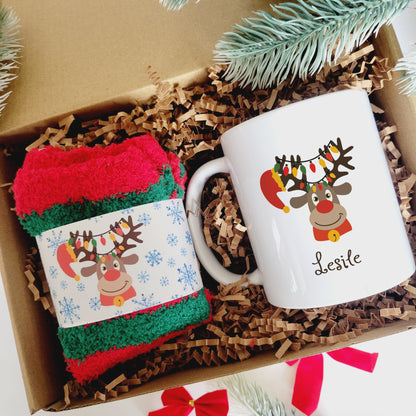 Personalized Reindeer Ceramic Mug and Cozy Socks Gift Set - Custom Coffee Mug and Fuzzy Socks - Christmas Gift Set