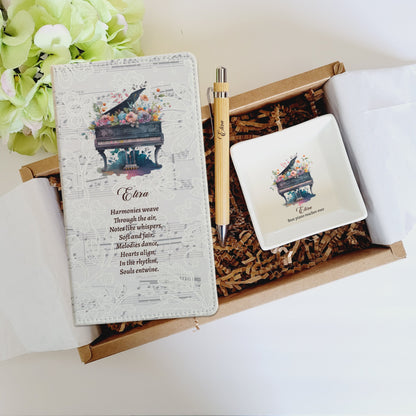 Personalized Piano Journal Pen Jewelry Dish Gift Set - Custom Piano Teacher Appreciation - Pianists Showcase Competition Gift - Music Quote