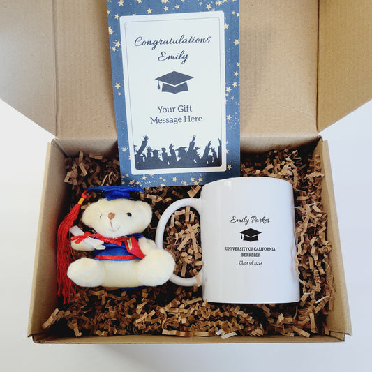 Personalized Graduation Ceramic Coffee Cup and Bear Plush Keychain Gift Box - Custom Graduation Gift