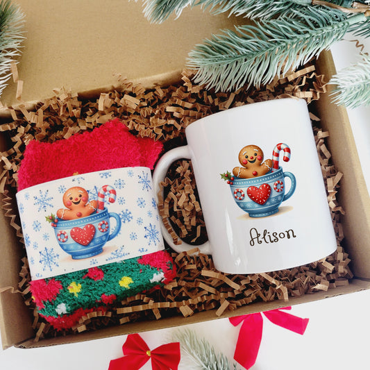 Personalized Gingerbread Ceramic Mug and Cozy Socks Gift Set - Custom Coffee Mug and Fuzzy Socks - Christmas Gift Set