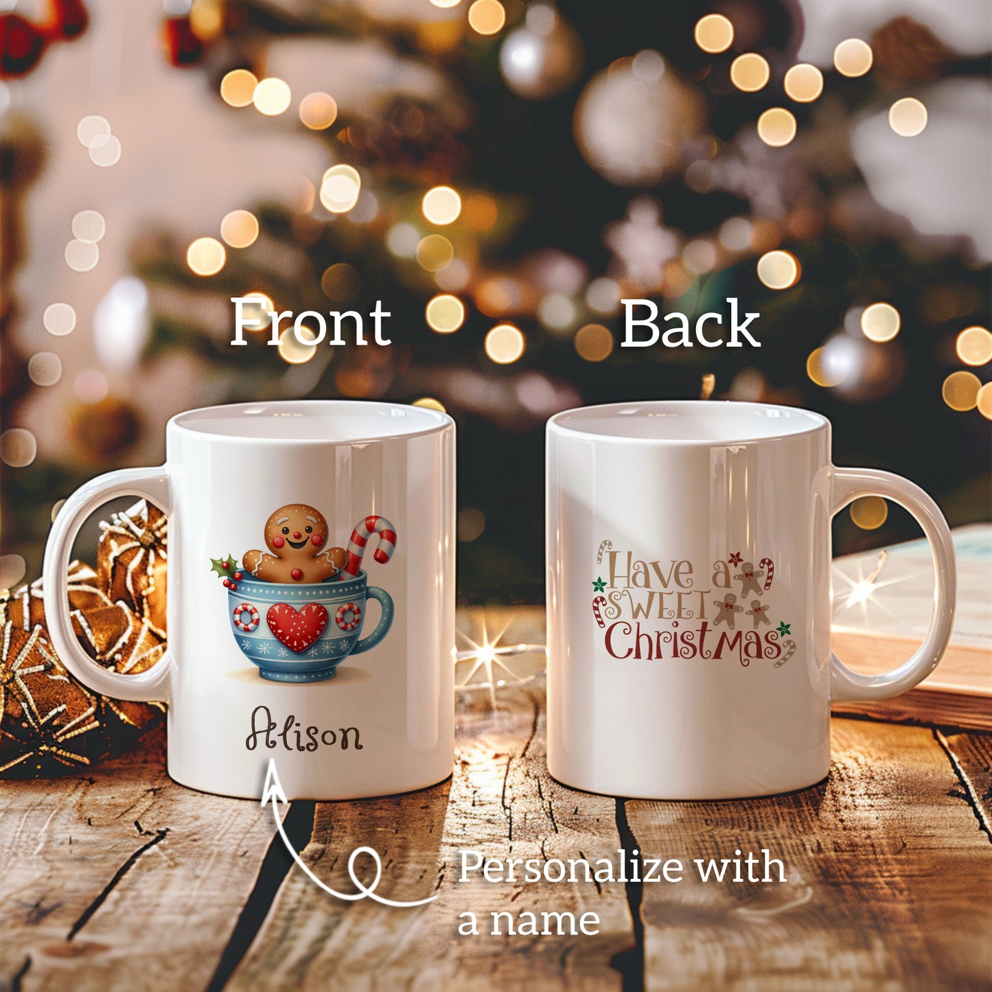 Personalized Gingerbread Ceramic Mug and Cozy Socks Gift Set - Custom Coffee Mug and Fuzzy Socks - Christmas Gift Set