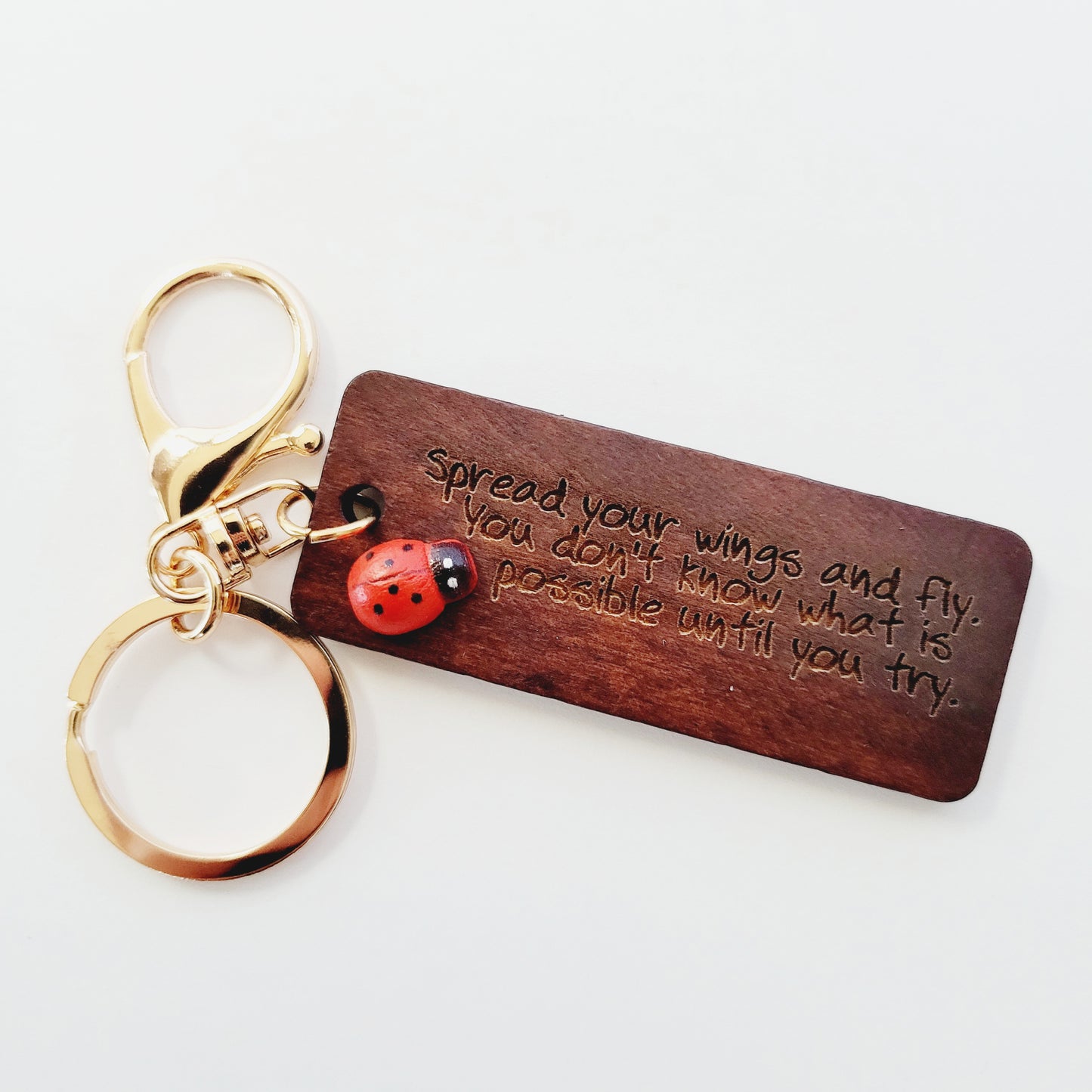 Personalized Laser Engraved Ladybug Wooden Keychain - Spread Your Wings - Custom Motivational and Inspirational Gift