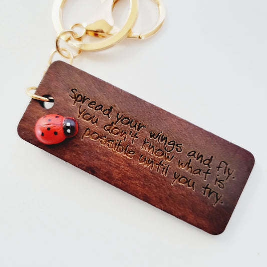 Personalized Laser Engraved Ladybug Wooden Keychain - Spread Your Wings - Custom Motivational and Inspirational Gift