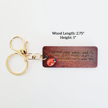 Personalized Laser Engraved Ladybug Wooden Keychain - Spread Your Wings - Custom Motivational and Inspirational Gift