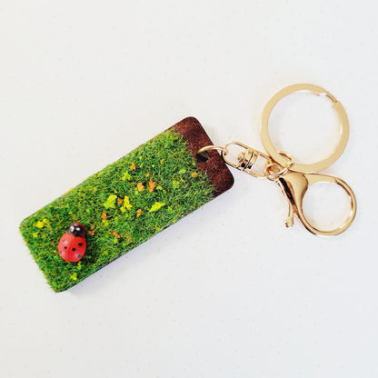 Personalized Laser Engraved Ladybug on Grass Wooden Keychain - Good Luck Charm - Custom Motivational and Inspirational Gift