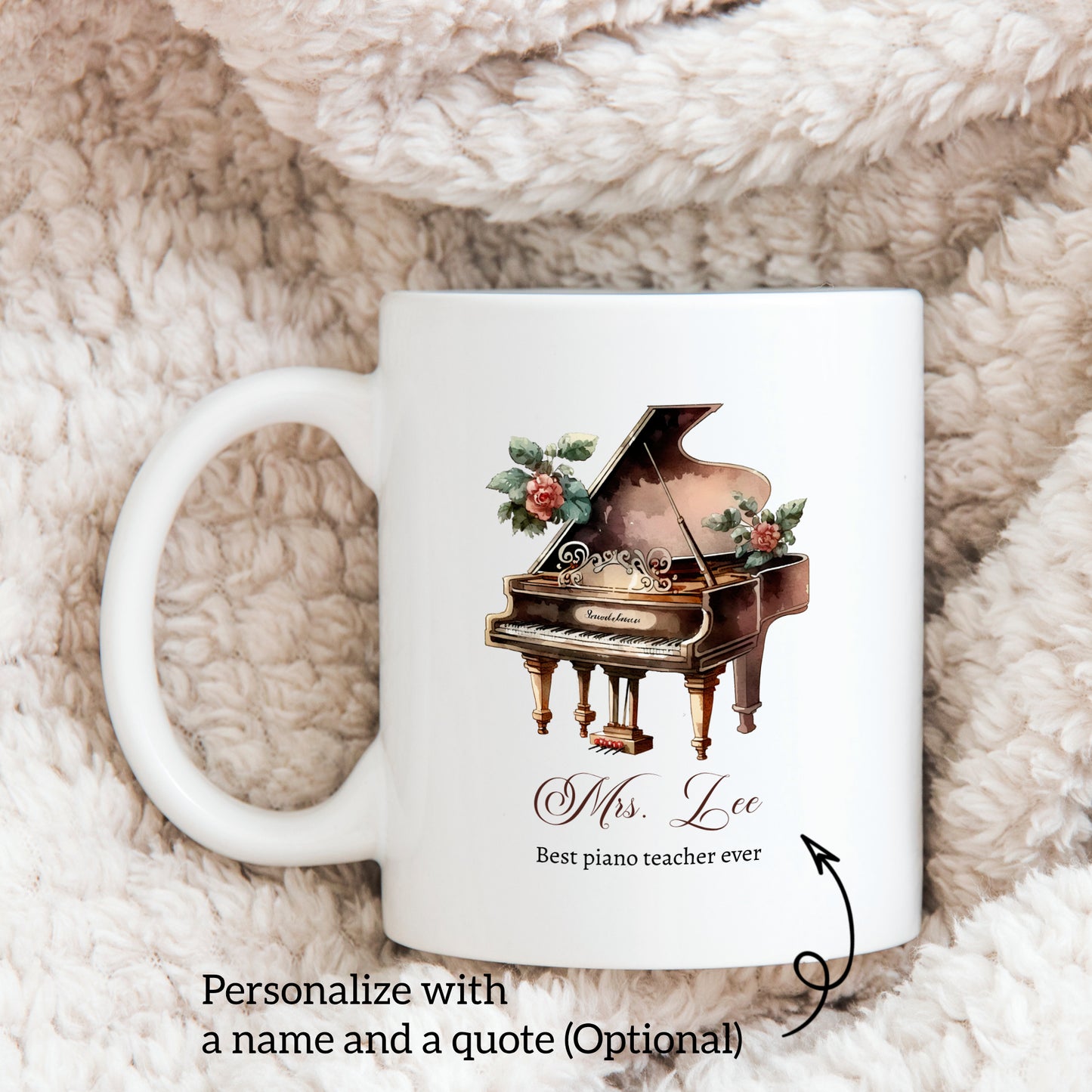 Personalized Watercolor Piano Ceramic Coffee Mug - Custom Piano Teacher Appreciation - Pianist Showcase and Competition Gift