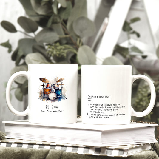 Watercolor Drum Set Personalized Coffee Mug - Custom Drum Teacher Appreciation Gift - Musician Drummer Showcase and Competition Gift