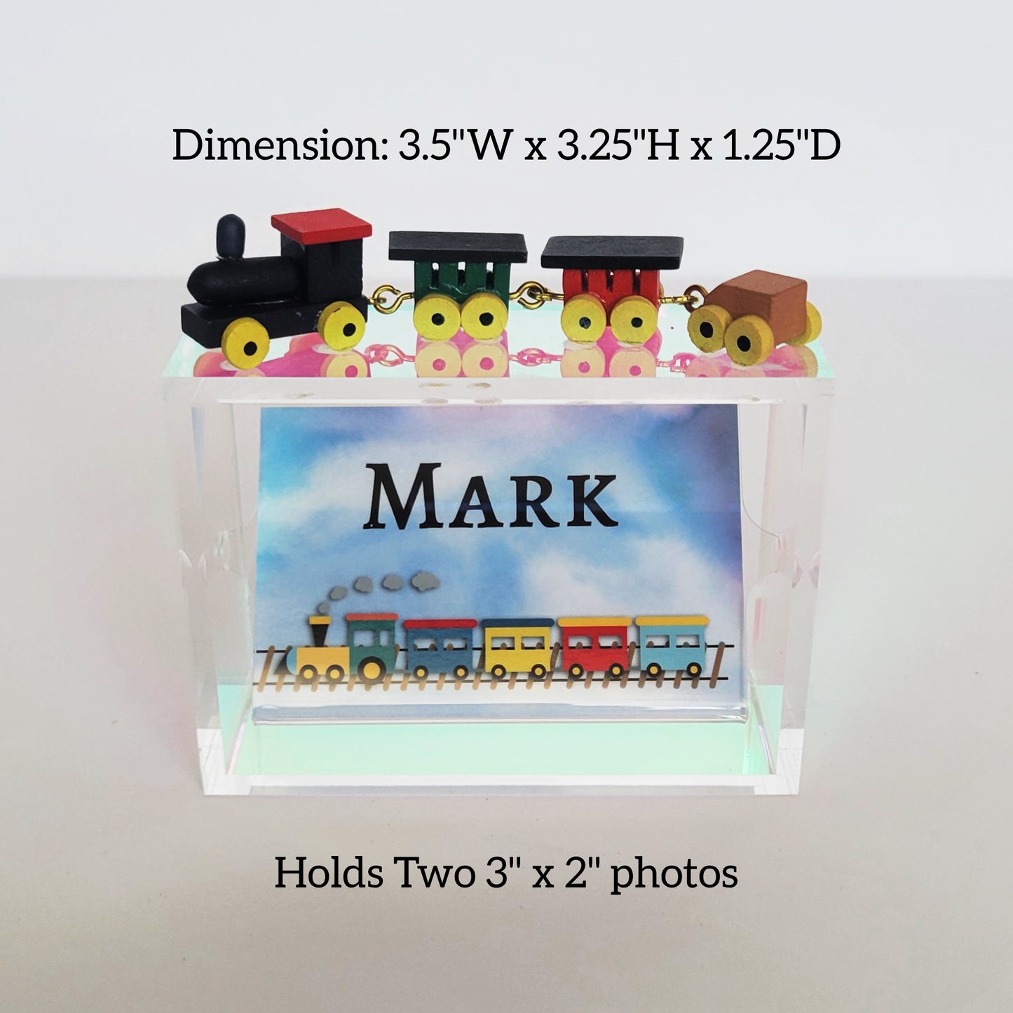 Wooden Train Miniature Double Sided Rotating Iridescent 2" x 3" Photo Frame