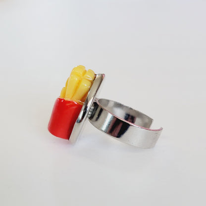 French Fries Miniature Silver Tone Adjustable Ring - Fast Food Foodie Lover Gift