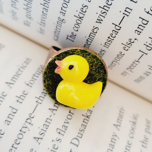 Mini Yellow Duck on Realistic Grass Antique Copper Tone Adjustable Ring - Animal Lover Funny Gift