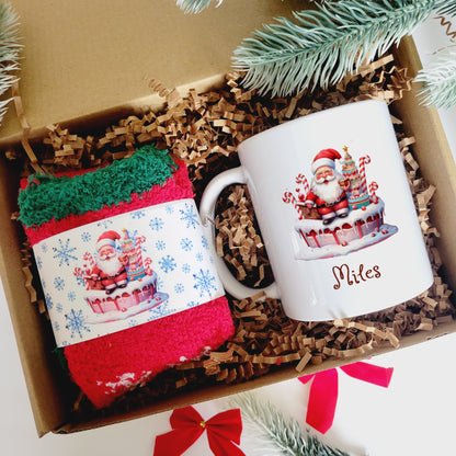 Personalized Santa Claus Ceramic Mug and Cozy Socks Gift Set - Custom Coffee Mug and Fuzzy Socks - Christmas Gift Set