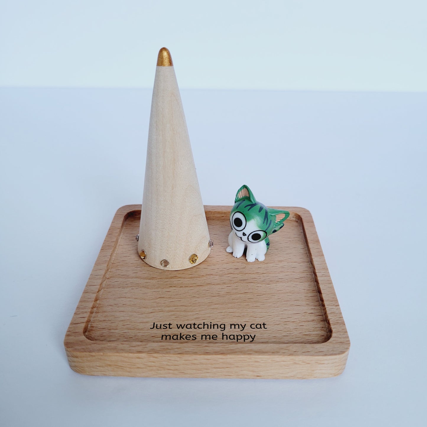 Personalized Kitten Lover Wooden Jewelry Holder with Ring Cone - Custom Motivational and Funny Cat Quote Gift