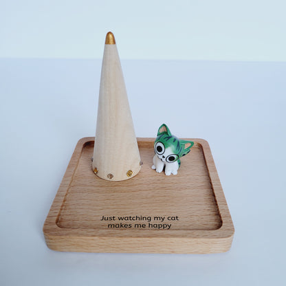 Personalized Kitten Lover Wooden Jewelry Holder with Ring Cone - Custom Motivational and Funny Cat Quote Gift